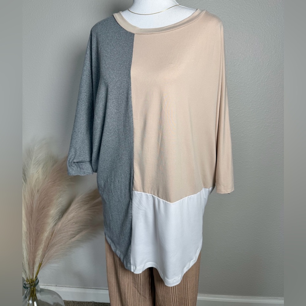 Ninexis - Colorblock Women's Top - Gray, Beige, and White